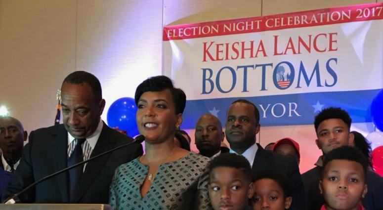 Atlanta Mayor Keisha Lance Bottoms is shown on Election Night surrounded by family and friends
