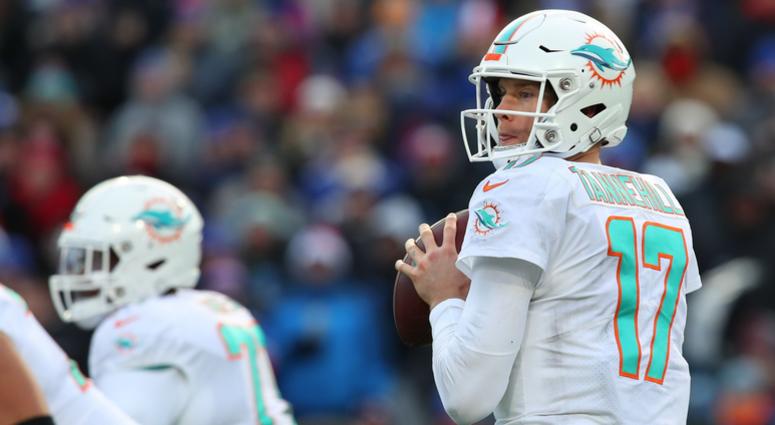 Dec 30, 2018; Orchard Park, NY, USA; Miami Dolphins quarterback Ryan Tannehill (17) drops back to pass against the Buffalo Bills during the third quarter at New Era Field. Dec 30, 2018; Orchard Park, NY, USA; Miami Dolphins quarterback Ryan Tannehill (17) drops back to pass against the Buffalo Bills during the third quarter at New Era Field.