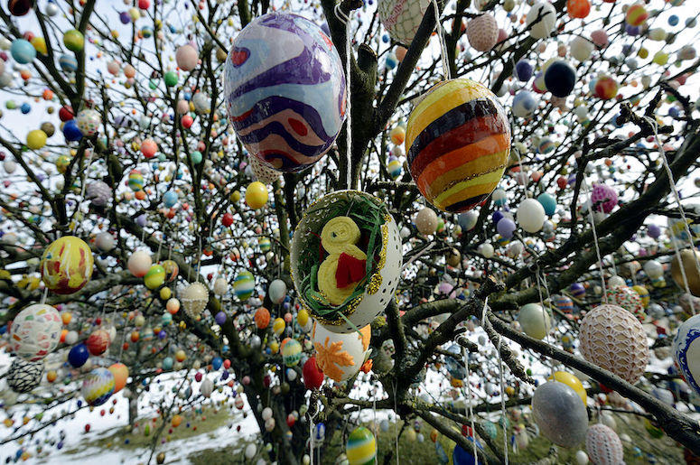 Easter eggs hang in a German apple tree