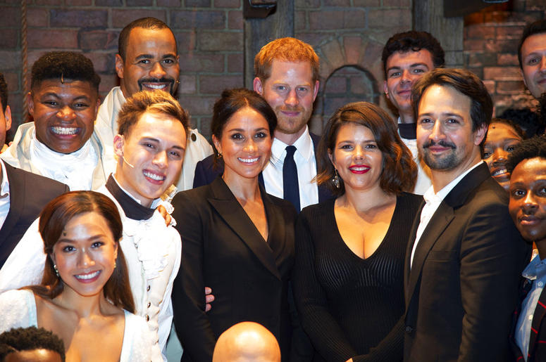 Britain's Prince Harry and Meghan, Duchess of Sussex meet the cast after a gala performance of the musical Hamilton DO NOT USE