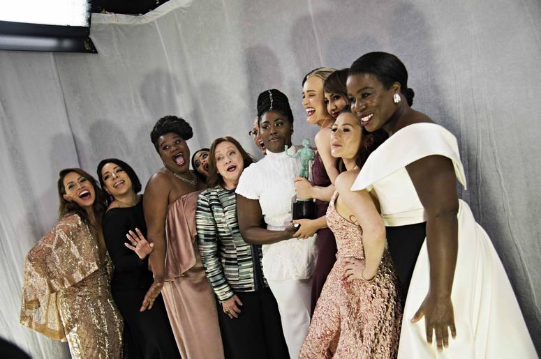 Members of the cast of Orange Is Thew New Black pose backstage after being named the honoree An Ensemble in a Comedy Series during the 23rd Annual Screen Actors Guild Awards