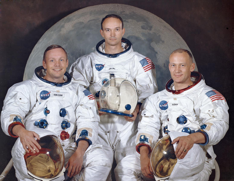 This March 30, 1969 photo made available by NASA shows the crew of the Apollo 11, from left, Neil Armstrong, commander; Michael Collins, module pilot; Edwin E. "Buzz" Aldrin, lunar module pilot. Moon landing