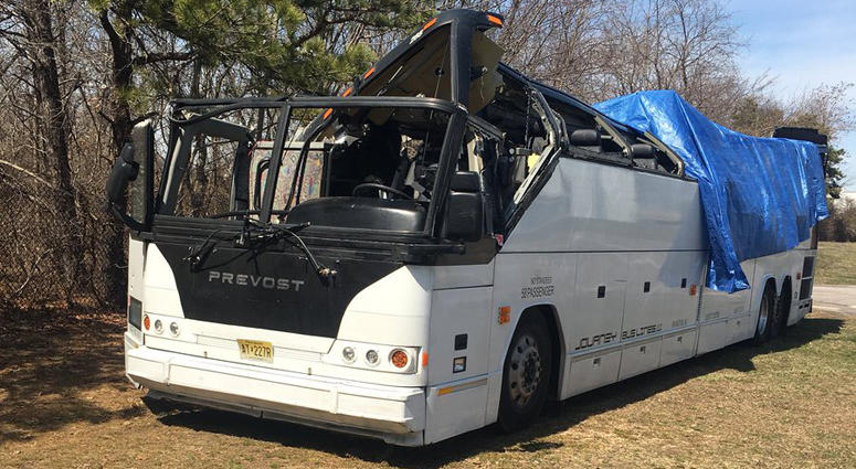A bus involved in a crash on the Southern State Parkway. Long Island Bus Crash