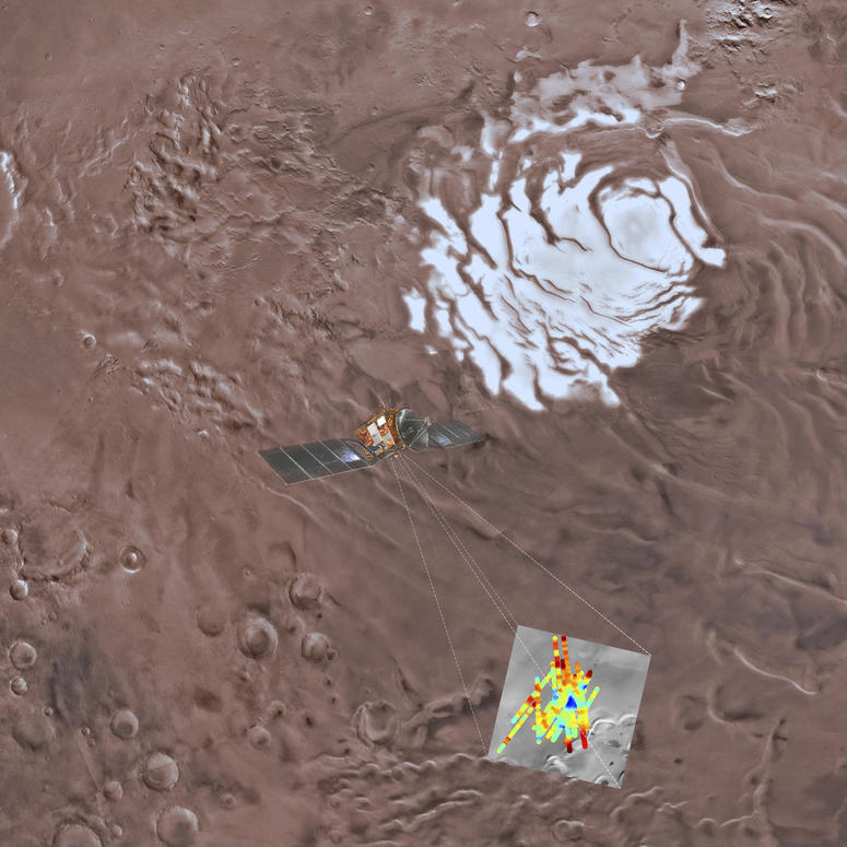 This image provided by the ESA/INAF shows an artist's rendering of the Mars Express spacecraft probing the southern hemisphere of Mars. Saltwater Lake Found On Mars