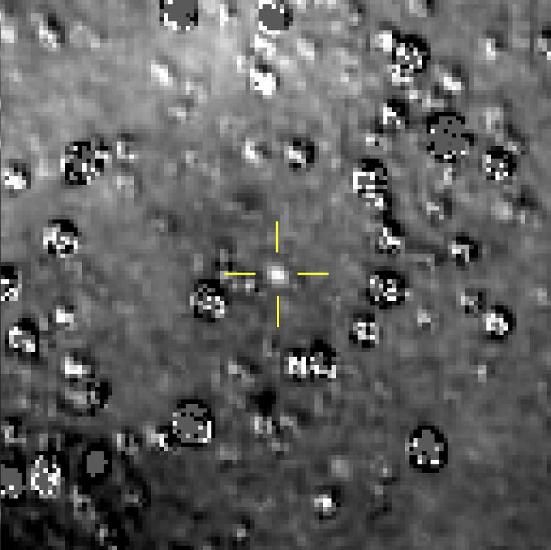 This composite image made available by NASA shows the Kuiper Belt object nicknamed "Ultima Thule," indicated by the crosshairs at center, with stars surrounding it on Aug. 16, 2018, made by the New Horizons spacecraft. Ultima Thule