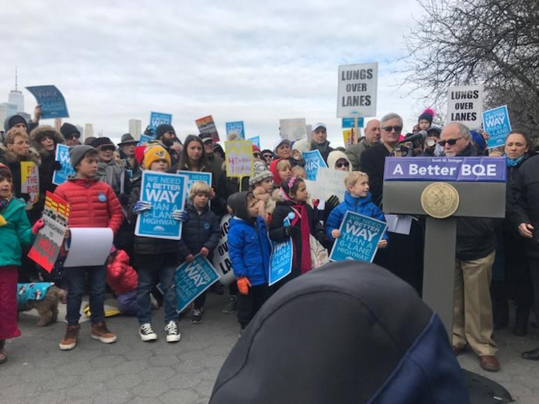 Residents protest the BQE plan at the promenade. BQE DOT protest