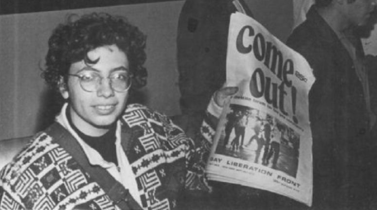 Martha selling Come Out newspaper in 1970 Martha Shelley