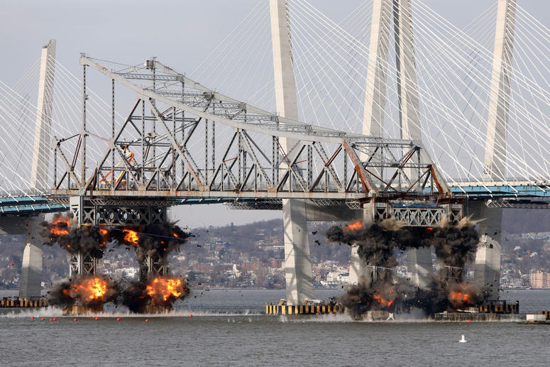 Demolition of the eastern structure of the Tappan Zee Bridge is taken down with controlled explosives on Tuesday, January 15, 2019. Tappan Zee Bridge