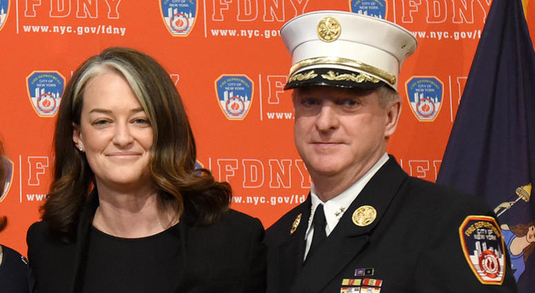 FDNY Commissioner Daniel A. Nigro swore in Chief of Staff Elizabeth Cascio and First Deputy Commissioner Laura Kavanagh, pictured here with Chief of Department James Leonard at FDNY Headquarters on Jan. 31, 2018. James Leonard, Laura Kavanagh