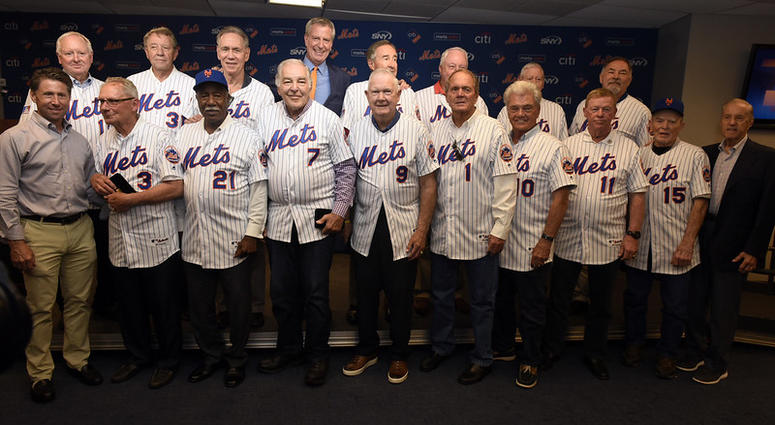 Mayor Bill de Blasio delivers remarks at a ceremony where he gives keys to the City to members of the 1969 World Series Mets Champions. Citi Field, Queens. Saturday, June 29, 2019. 1969 Mets Weekend Celebration