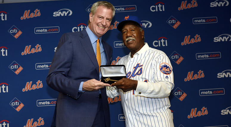 Mayor Bill de Blasio delivers remarks at a ceremony where he gives keys to the City to members of the 1969 World Series Mets Champions. Citi Field, Queens. Saturday, June 29, 2019. 1969 Mets Weekend Celebration