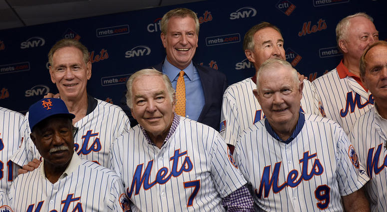 Mayor Bill de Blasio delivers remarks at a ceremony where he gives keys to the City to members of the 1969 World Series Mets Champions. Citi Field, Queens. Saturday, June 29, 2019. 1969 Mets Weekend Celebration