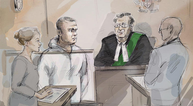 In this courtroom sketch, Duty counsel Georgia Koulis, from left, Alek Minassian, Justice of the Peace Stephen Waisberg and Crown prosecutor Joe Callaghan appear in court in Toronto on Tuesday, April 24, 2018. Alek Minassian court sketch