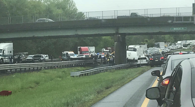 Emergency personnel respond to a crash after a school bus and dump truck collided in Mount Olive, N.J., Thursday, May 17, 2018. Deadly New Jersey School Bus Crash