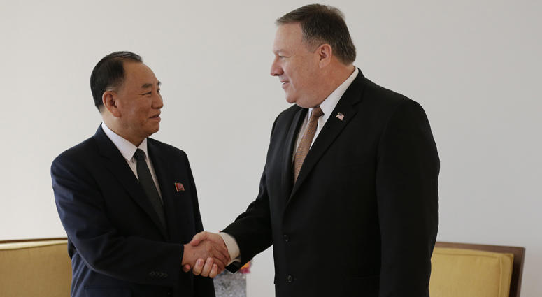 Kim Yong Chol, left, former North Korean military intelligence chief and one of leader Kim Jong Un's closest aides, shakes hands with U.S. Secretary of State Mike Pompeo during a meeting, Thursday, May 31, 2018, in New York. Kim Yong Chol, Mike Pompeo