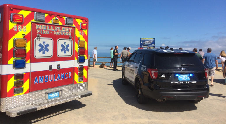 Emergency personnel respond to Newcomb Hollow Beach in Wellfleet, Mass, on Saturday, Sept. 15, 2018 Shark Attack at Cape Cod