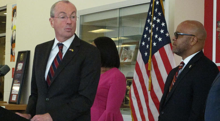 New Jersey Gov. Phil Murphy, left, announces his administration will leave a state takeover in place in Atlantic City N.J. during a speech in the city on Sept. 20, 2018, as Mayor Frank Gilliam, right, looks on. AP - Murphy Atlantic City