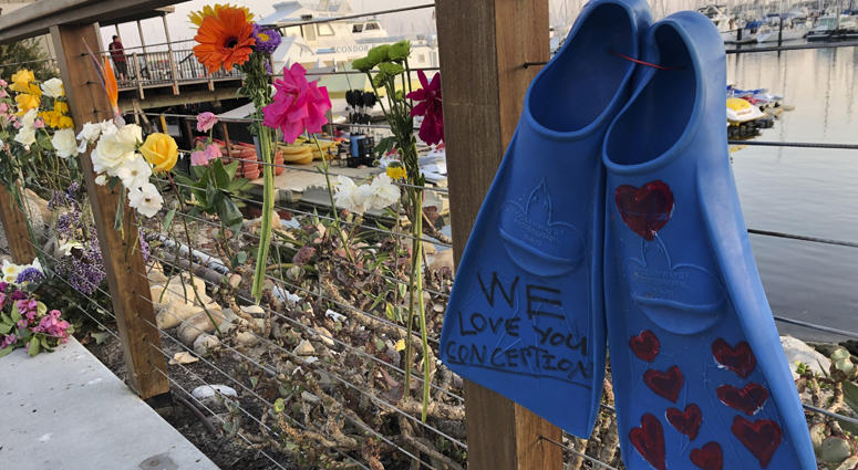 A memorial outside Truth Aquatics for the victims of the Conception boat fire, Monday, Sept. 2, 2019. Scuba diving boat fire
