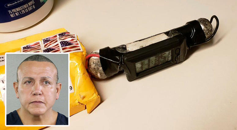Cesar Sayoc (insert) is seen in a booking photo released by the Broward County Sheriff's office. Package sent to CNN office. Cesar Sayoc, Pipe Bomb
