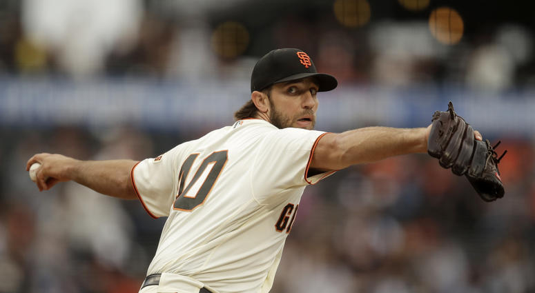 San Francisco Giants pitcher Madison Bumgarner works against the New York Mets during the first inning of a baseball game Thursday, July 18, 2019, in San Francisco. San Francisco Giants pitcher Madison Bumgarner works against the New York Mets during the first inning of a baseball game Thursday, July 18, 2019, in San Francisco.