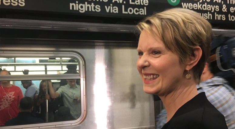 Cynthia Nixon at the Borough Hall subway station. Cynthia Nixon