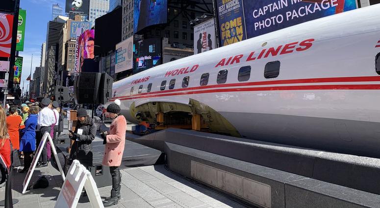 Connie the 1958 Lockheed Constellation airplane in Times Square. Connie the 1958 Lockheed Constellation