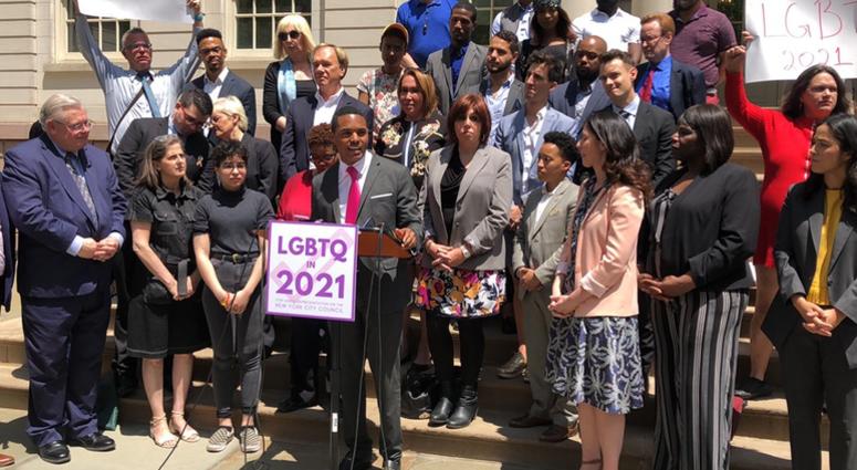 Ritchie Torres is joined by LGBTQ activists at City Hall on May 22, 2019. LGBTQ In 2021