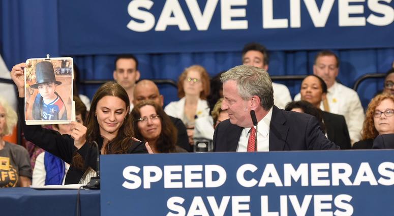 Mayor de Blasio at the press conference. De Blasio speed cameras