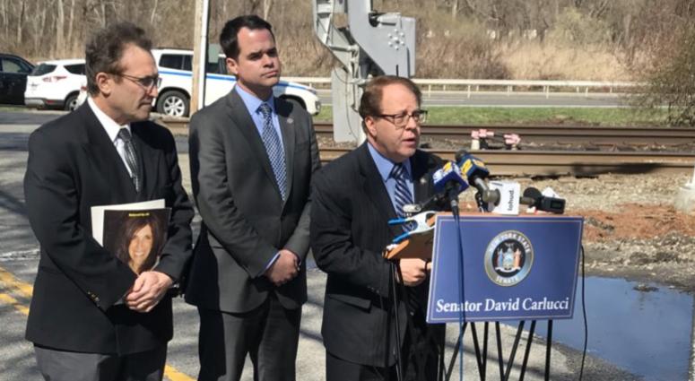Alan Brody, husband of Ellen who died in Valhalla Metro North crash 3 years ago, joined David Carlucci and Tom Abinanti to call on the NYSDOT to release study on rail crossing improvements. Alan Brody, husband of Ellen who died in Valhalla Metro North crash 3 years ago, joined David Carlucci and Tom Abinanti to call on the NYSDOT to release study on rail crossing improvements.