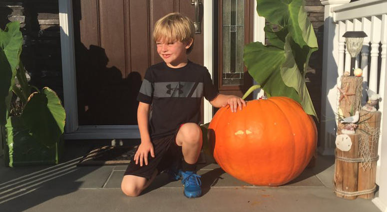 Kevin Beckman, 6, with a pumpkin gifted to him by his late grandfather Kevin Beckman