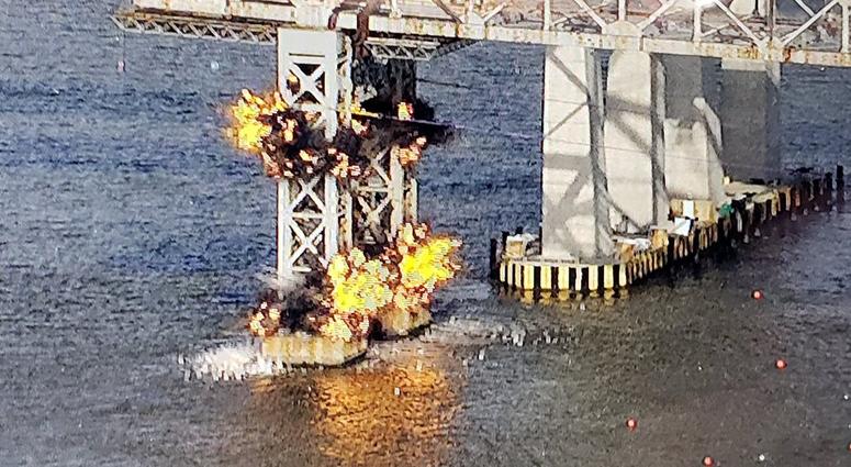 The bridge went down in a heap of fire and smoke. Tappan Zee Bridge