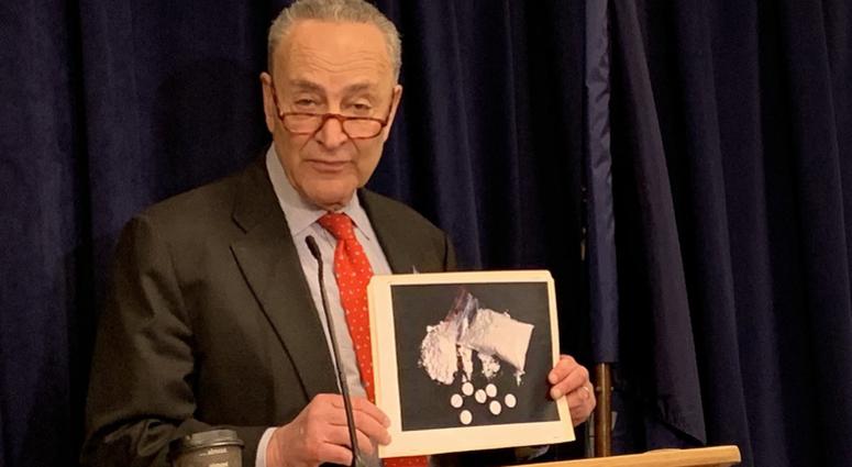 Schumer at a press conference on fentanyl-related sanctions. Schumer fentanyl