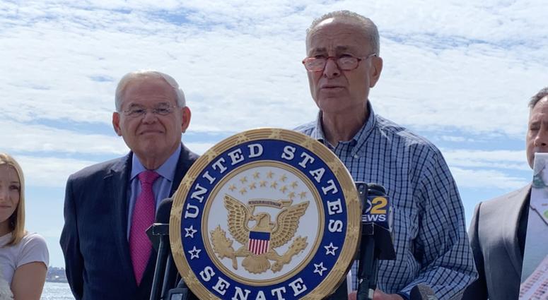 Sens. Chuck Schumer and Bob Menendez at a press conference about FlyNyon flights. Chuck Schumer and Bob Menendez