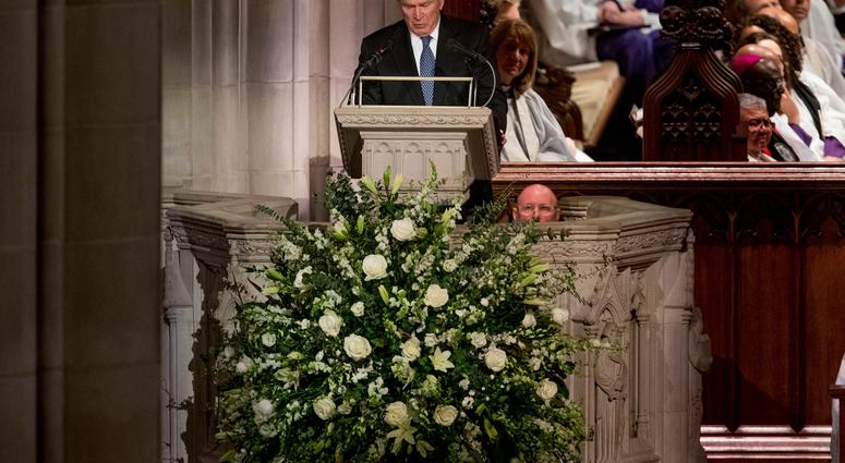 Former President George Bush becomes emotional while speaking during the State Funeral of his father, former President George H.W. Bush, at the National Cathedral, Wednesday, Dec. 5, 2018, in Washington. George H.W. Bush