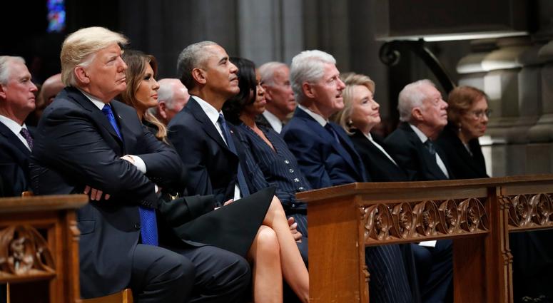 From left, President Donald Trump, first lady Melania Trump, former President Barack Obama, former first lady Michelle Obama, former President Bill Clinton, former Secretary of State Hillary Clinton, and former President Jimmy Carter. George H.W. Bush