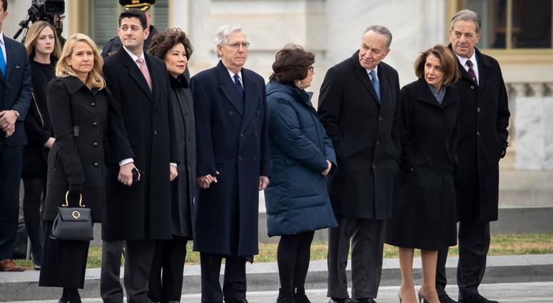(L-R) Janna Ryan, Speaker of the House Paul Ryan, Transportation Secretary Elaine Chao, Senate Majority Leader Mitch McConnell, Iris Weinshall, Senate Minority Leader Chuck Schumer, House Minority Leader Nancy Pelosi and Paul Pelosi. George H.W. Bush