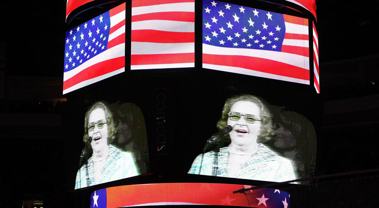 Singer Kate Smith is seen on the screen before Game Six of the 2010 NHL Stanley Cup Final between the Chicago Blackhawks and the Philadelphia Flyers at the Wachovia Center on June 9, 2010 in Philadelphia, Pennsylvania. Kate Smith