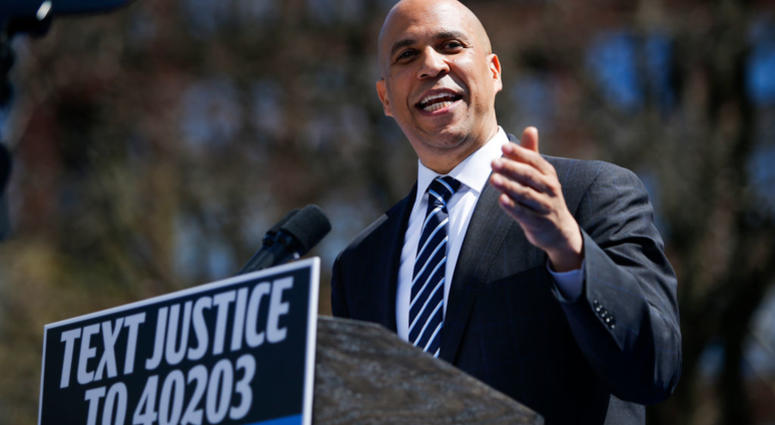 Cory Booker (D-NJ) and 2020 presidential candidate, speaks to supporters during a campaign event on April 13, 2019 in Newark, New Jersey. The New Jersey Senator and presidential hopeful is launching his Justice for All campaign tour. Cory Booker (D-NJ) and 2020 presidential candidate, speaks to supporters during a campaign event on April 13, 2019 in Newark, New Jersey. The New Jersey Senator and presidential hopeful is launching his Justice for All campaign tour.