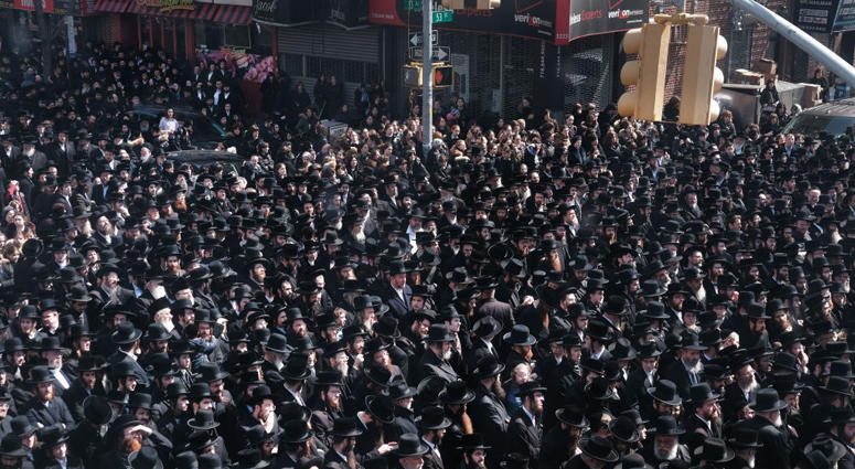 Thousands of mourners gather in Borough Park for the funeral of The Skulener Rebbe, Rabbi Yisroel Avrohom Portugal who died on Monday on April 02, 2019 in New York City. Rabbi Portugal Funeral