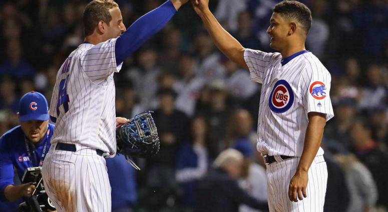 Anthony Rizzo #44 (L) celebrates with Adbert Alzolay #73 after a win against the New York Mets at Wrigley Field on June 20, 2019 Anthony Rizzo #44 (L) celebrates with Adbert Alzolay #73 after a win against the New York Mets at Wrigley Field on June 20, 2019