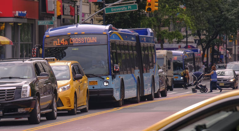 The M14A bus crawls along 14th Street in Manhattan on June 17, 2019. M14 Bus