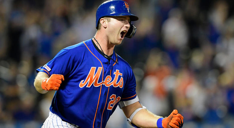 Pete Alonso #20 of the New York Mets celebrates his seventh inning game-winning home run against the Miami Marlins at Citi Field on August 05, 2019 in New York City. Pete Alonso #20 of the New York Mets celebrates his seventh inning game-winning home run against the Miami Marlins at Citi Field on August 05, 2019 in New York City.