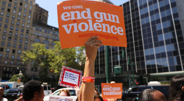 People participate in a demonstration and news conference against illegal guns in front of the Jacob Javits Federal Building on August 12, 2019 in New York City. Rally Against Illegal Guns