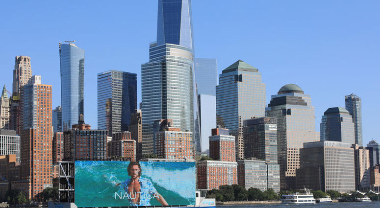 General view of a floating billboard in the Hudson River on August 29, 2019 in New York City. Floating Billboard