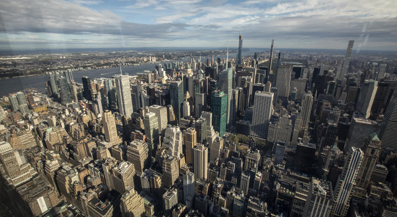 A view of of the west side of Midtown Manhattan from inside the newly renovated 102nd floor observatory of the Empire State Building on October 10, 2019 Empire State Building Observatory