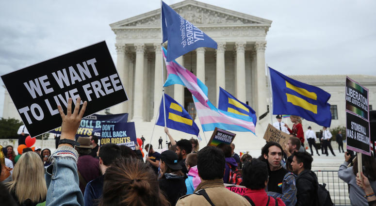 Protesters rally in front of the U.S. Supreme Court as arguments are heard in a set of cases concerning the rights of LGBT people in the workforce, on October 8, 2019 in Washington, DC. LGBT Supreme Court