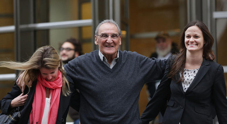 Alleged Bonanno crime family captain Vincent Asaro walks with his lawyers outside of a Brooklyn court house after a jury found him not guilty of one count of racketeering conspiracy and two extortion-related counts on November 12, 2015 in New York City. Vincent Asaro
