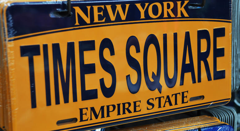 A New York license plate reading 'Times Square.' New York License Plate