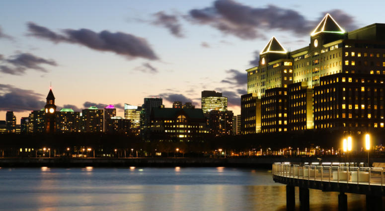 A view of Hoboken city after sunset seen from the Hudson river. Hoboken Skyline