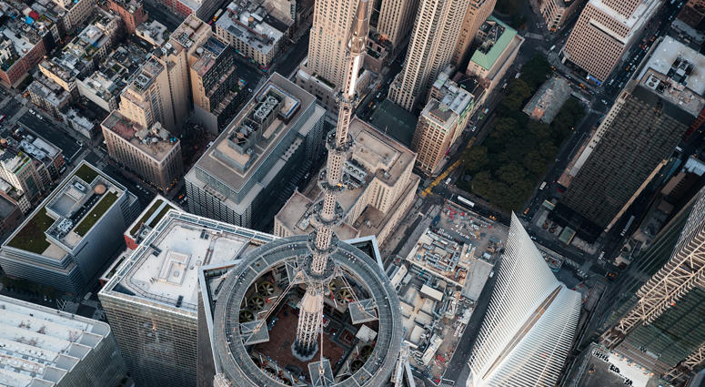 An aerial view of the top of One World Trade Center and its spire World Trade Center spire